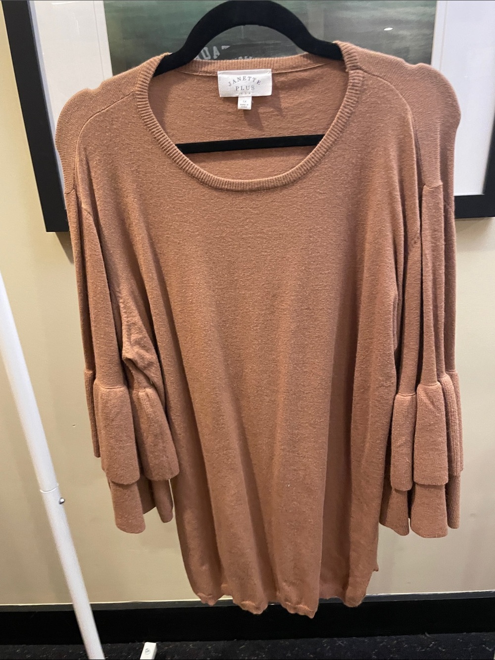 Janette Plus 1XMauve-Tan Tiered Bell Sleeve Sweater
